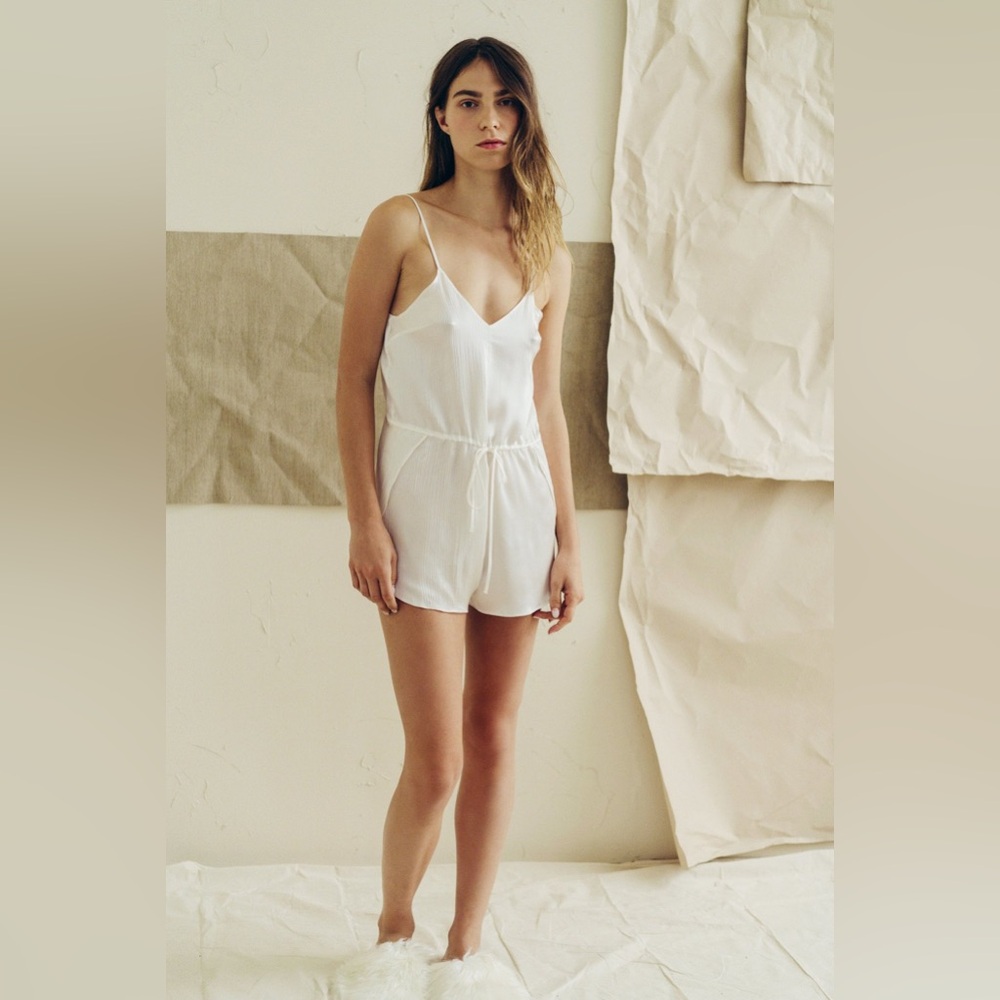 The Great Eros Dia 100% Silk Teddy Camisole Romper in Cream